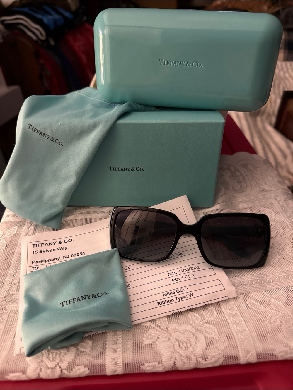 Tiffany & Co. Black Rectangle Sunglasses with Tiffany Blue Case & Pouches